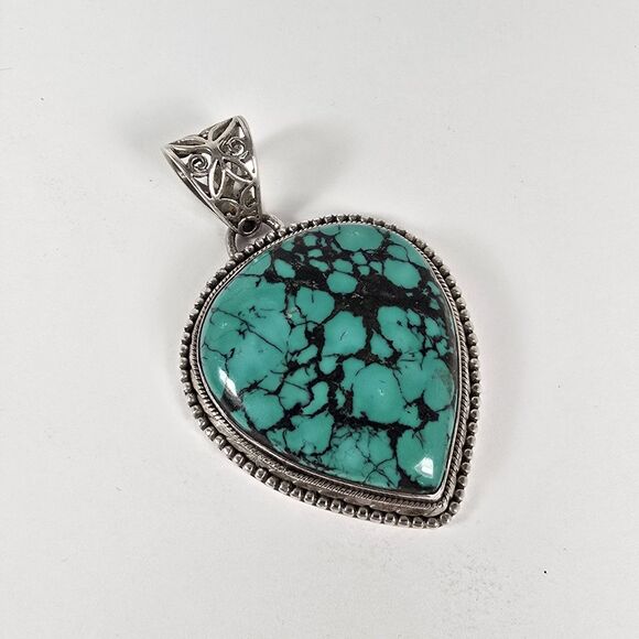Sterling Silver Large Turquoise Pendant Heavy 42g Teardrop Beautiful - Picture 1 of 9